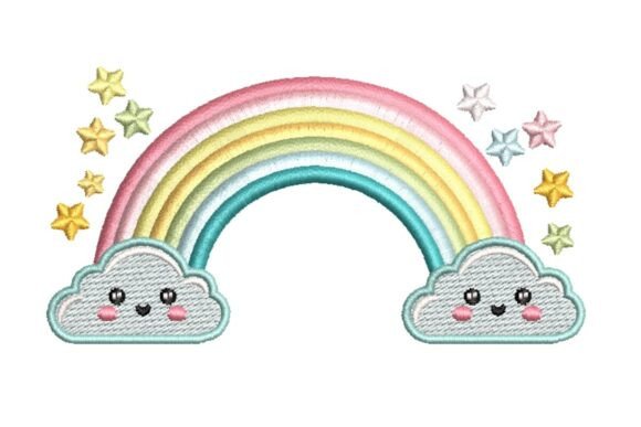 Download Cute Rainbow with Smiling Clouds and Stars Embroidery Design - Rainbow Collection